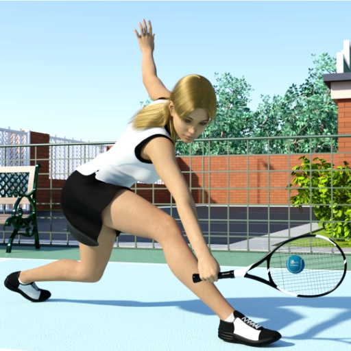 Shows a girl with white shirt and black skirt holding a tennis racket and hitting a blue ball.