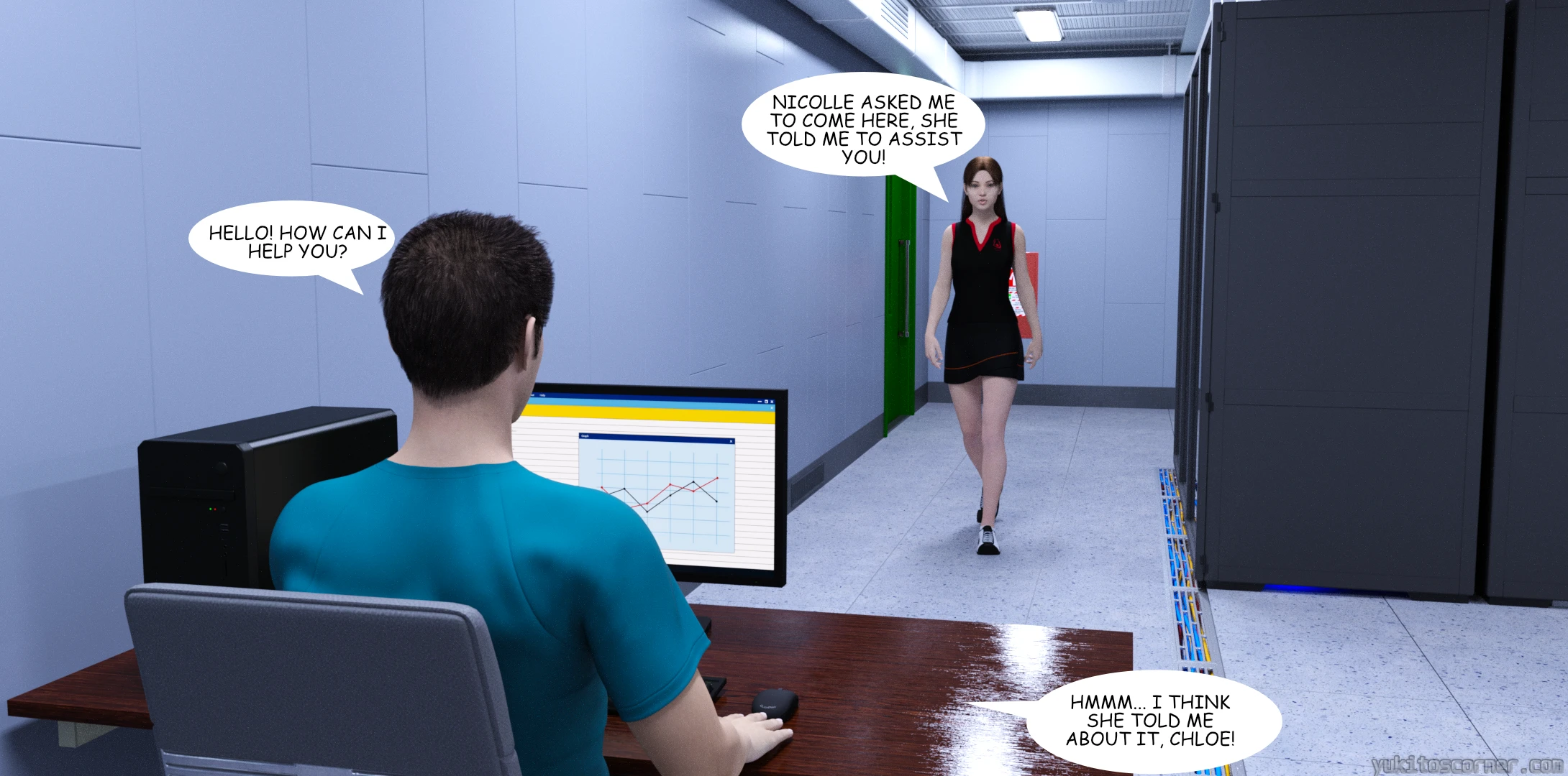 Image shows Felipe sitting at a computer desk, which is located in a server room. He says "Hello! How can I help you?" to a brown-haired girl name Chloe. She replies "Nicolle asked me to come here, she told me to assist you!".